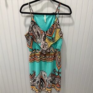 Turquoise Printed Spaghetti-Strap Dress